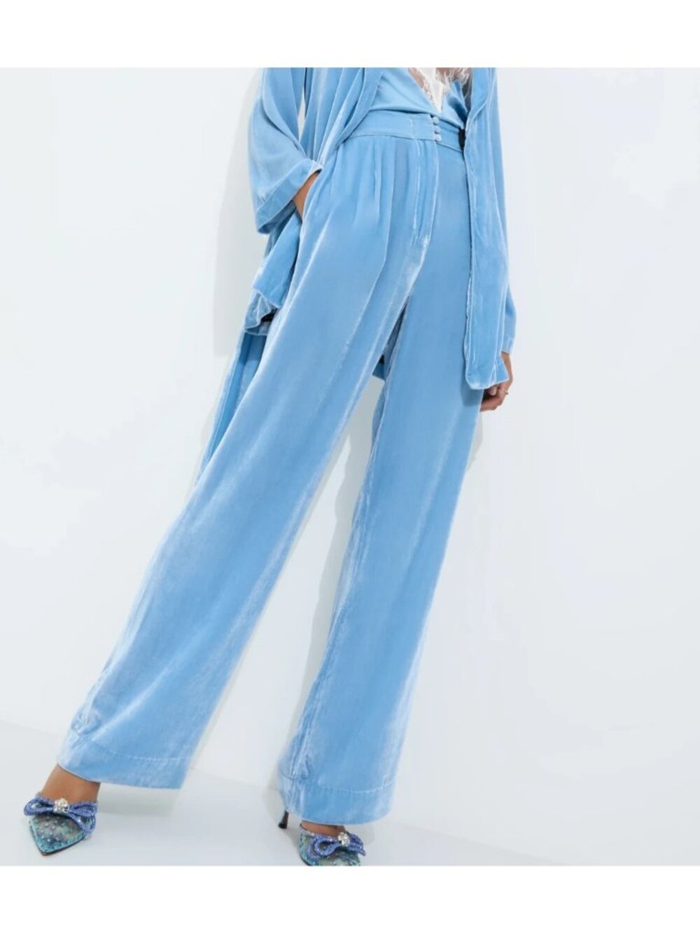 Sleeping With Jacques Marais Velvet Tuxedo Pant Dusk Blue Viscose Silk $263 NWT